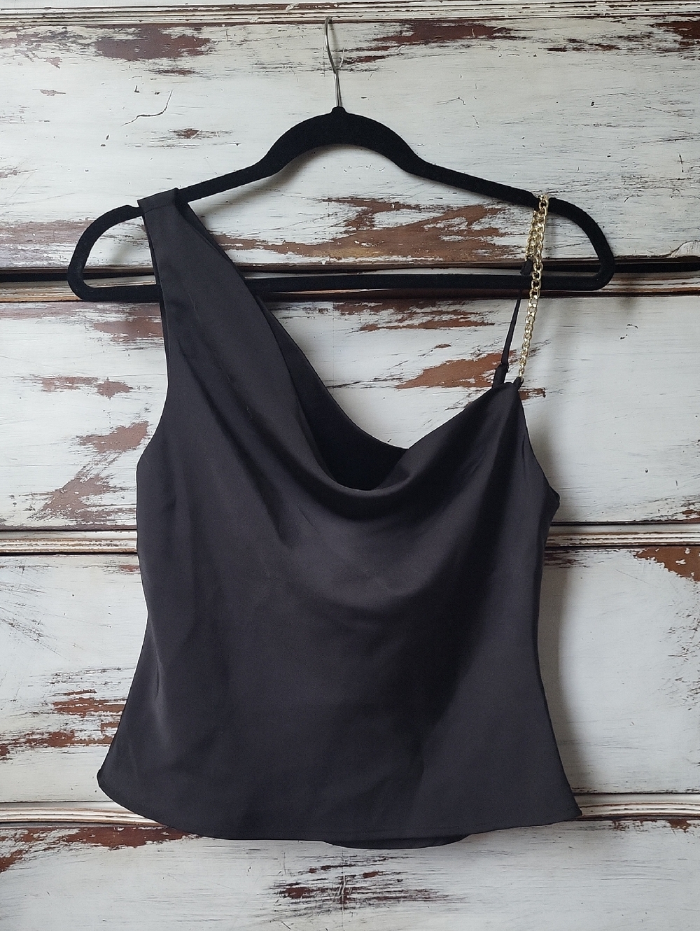 Astr One-Shoulder Black Satin Cowl Tank with Gold Chain Strap